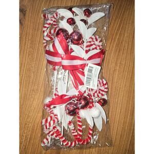 Gift Boutique - Set of 6 Christmas Red & White Picks Peppermint Candy Cane Balls